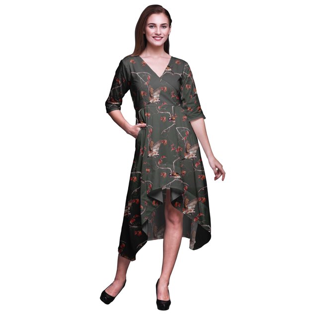 Bimba Coton Gris Feuilles Sèches et Chardonneret Doré Imprimé Robe Droite Asymétrique pour Femmes avec Poches Décontractée Mi-Longue-XX-Grand