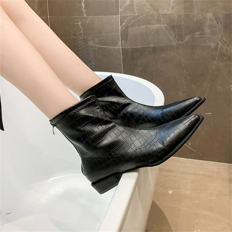 Cathalem Women s Ankle Boots Female Shoes Adult Boots for Women No Heel Leather Fashion Autumn Winter Women Boots Low Heel Pointed Toe Leather Wide