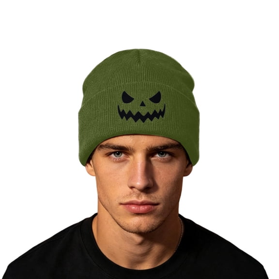 SYMOID Pumpkin Print Cuffed Knit Beanie,Acrylic Skull Cap,One Size Unisex Army Green Hats,Size Free Size