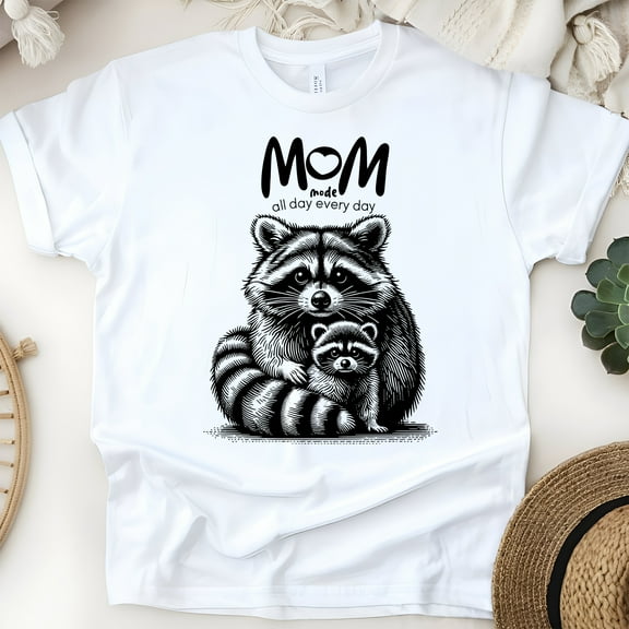 Mom Mode Raccoon Graphic T-Shirt for Women Cute Animal Tee, White, Size S