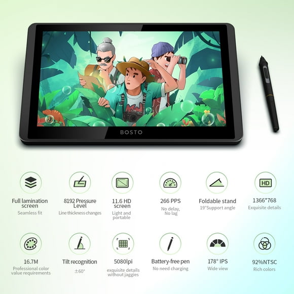 Extra BOSTO 12HD-A H-IPS LCD Graphics Drawing Tablet Monitor 11.6 Inch Size 1366x768 Display 8192 Pressure Level Passive Technology with Tilt Function Support MacOS