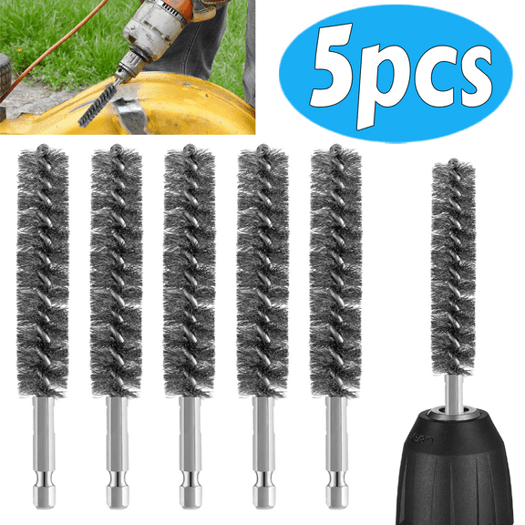 5-Piece Stainless Steel Bore Brush Set for Power Drill, Wire Brush Attachment with Hex Shank for Cleaning and Rust Removal