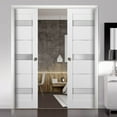 thumbnail image 2 of French Double Pocket Doors 48 x 80 with Frames | Quadro 4055 White Silk with Frosted Opaque Glass | Kit Trims Rail Hardware | Solid Wood Interior Pantry Kitchen Bedroom Sliding Closet Sturdy Door, 2 of 5