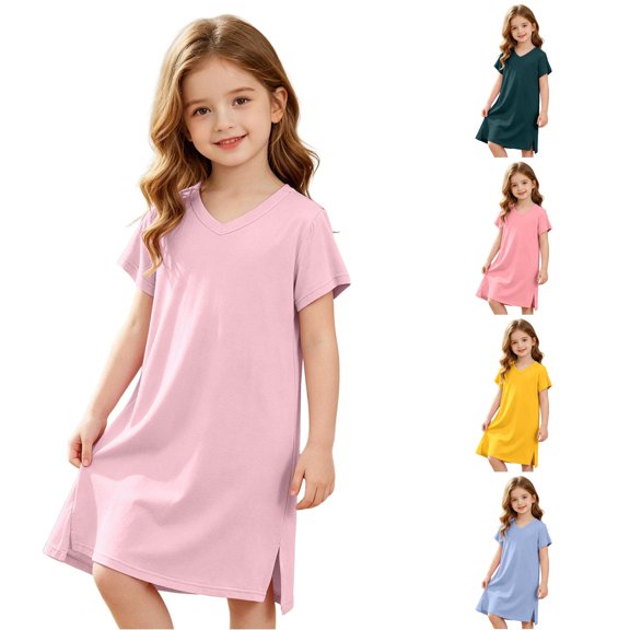 Rggeeun Baby Girls Dress Solid Color Smooth Loose Short Sleeve V Neck Flowy Side Slit Design Knee Length for Summer Playground Delicate Sundress,Pink,4-5 Years