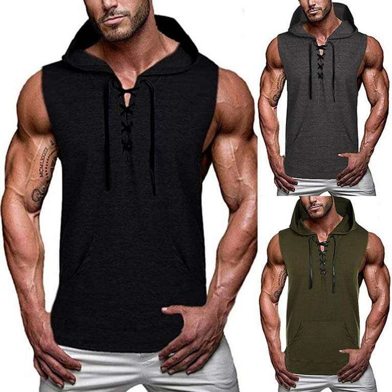 Men Lace Up Workout Hoodie Sweatshirt Tank Tops Muscle T Shirt Sleeveless Gym Walmart