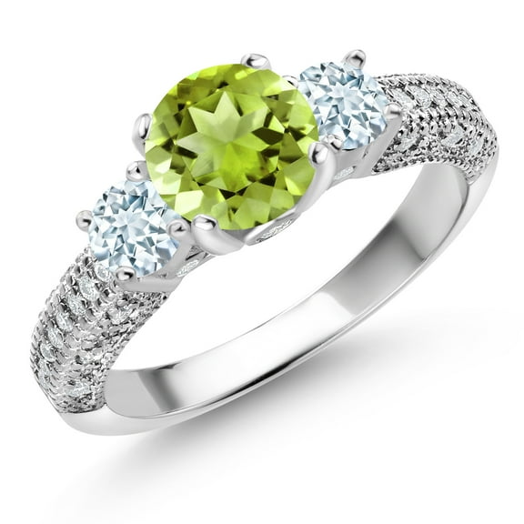 Gem Stone King 925 Sterling Silver Green Peridot Sky Blue Aquamarine and White Moissanite Engagement Ring for Women (2.03 Cttw, Gemstone August Birthstone, Round 7MM and 4MM, Size 5)