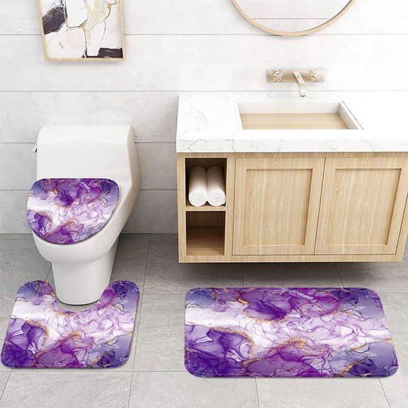 Purple Gold Marble Texture Bathroom Rugs Sets 3 Piece, Abstract Modern Bathroom Mat Set, Durable Contour Mat and Toilet Lid Cover Nonslip Home Washroom Decor Durable Polyester Shower Accessories