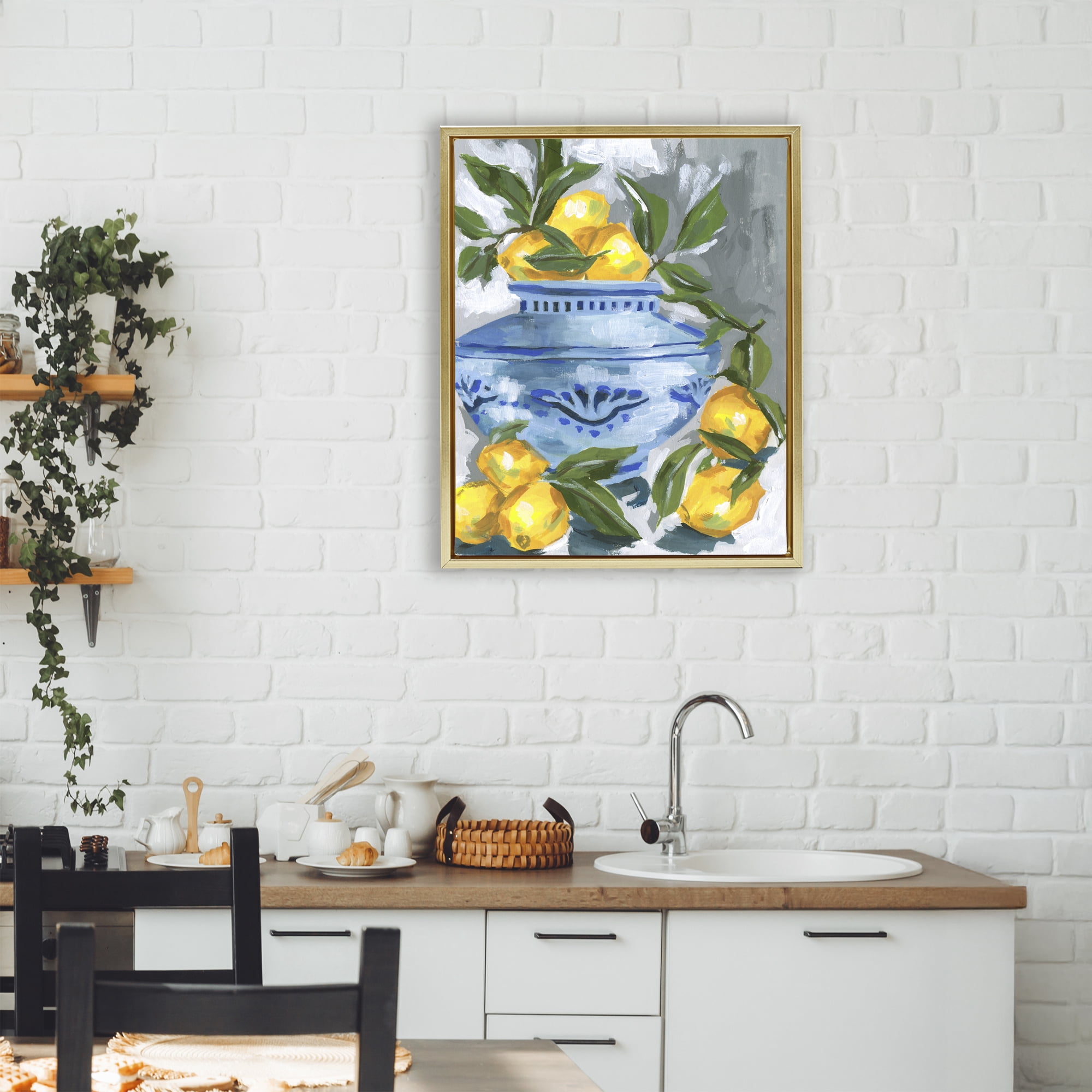Stupell Industries Indigo & Lemon Vase Gold Framed Floater Canvas Wall Art, design by Melissa Wang