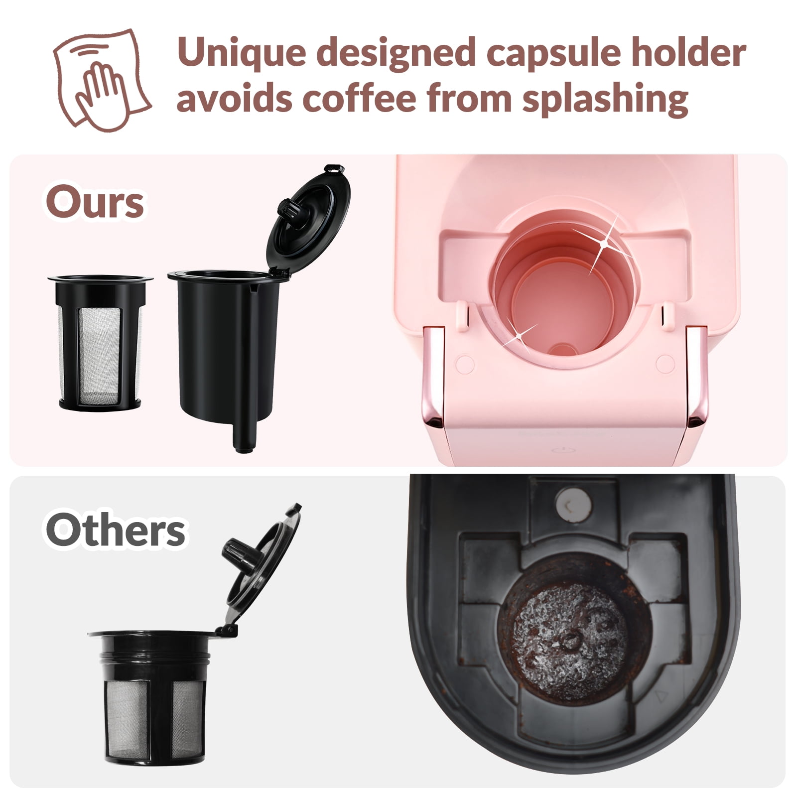 Mecity Compact Stainless Steel Single Serve Coffee & Tea Maker, 6-12 Oz Brew Sizes, Pink