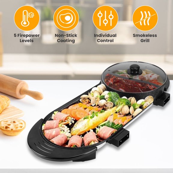 2-in-1 Electric Hot Pot & Grill Combo, 2200W Indoor Smokeless BBQ Grill and 3.7QT Non-Stick Hot Pot with Dual Independent Temperature Control, 5 Power Levels for Family Gatherings & Parties, Black