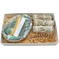 Soul Sticks Cleansing Kit Smudge Gift Set Box with White Sage, Large Abalone Smudge Shell, Palo Santo Stick, 4" Selenite Wand and Turkey Feather in White Gift Box