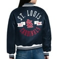 thumbnail image 3 of Women's Starter  Navy St. Louis Cardinals Printed Logo Cropped Satin Varsity Full-Snap Jacket, 3 of 3