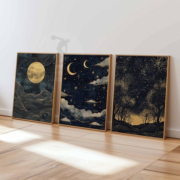 William Morris Gold Moon Night Sky Floral Bedroom Wall Art Set 3 Unframed Paper Print 8x12