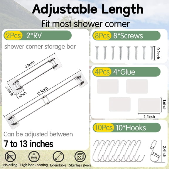 2ooya Corner Storage for Shower Accessories, Stainless Steel Rod Hook Set for RV Storage,12 Pieces