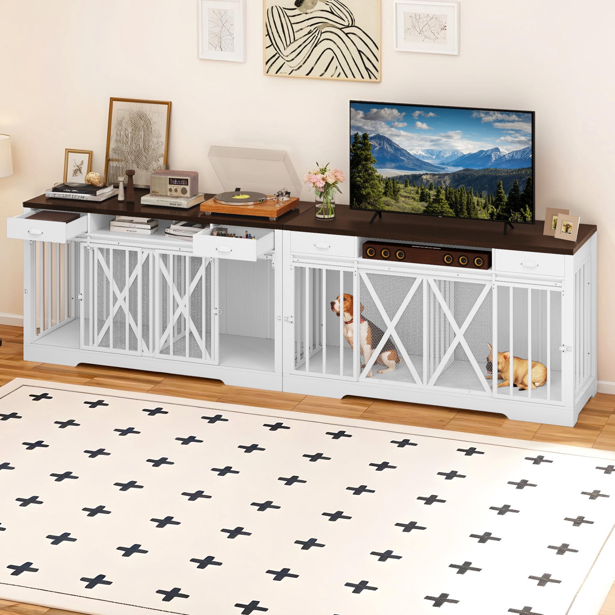 Uforic 63" Dog Crate Furniture with 2 Drawers,TV Stand with Charging Station 63" Large Wooden Indoor Dog Kennel - White