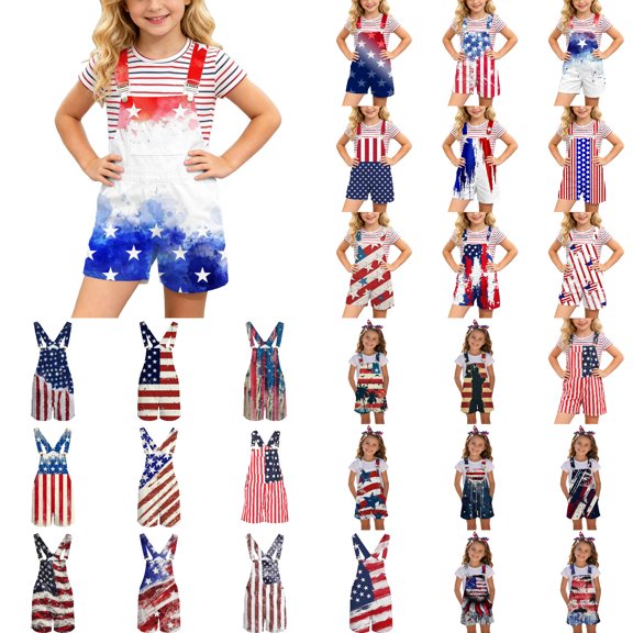 Heydday Kids American Flag Print Short Overalls, Adjustable Strap Unisex Boys Girls Patriotic Bib Shorts, 4th of July Holiday Outfit for Children Daily & Independence Day Party Wear