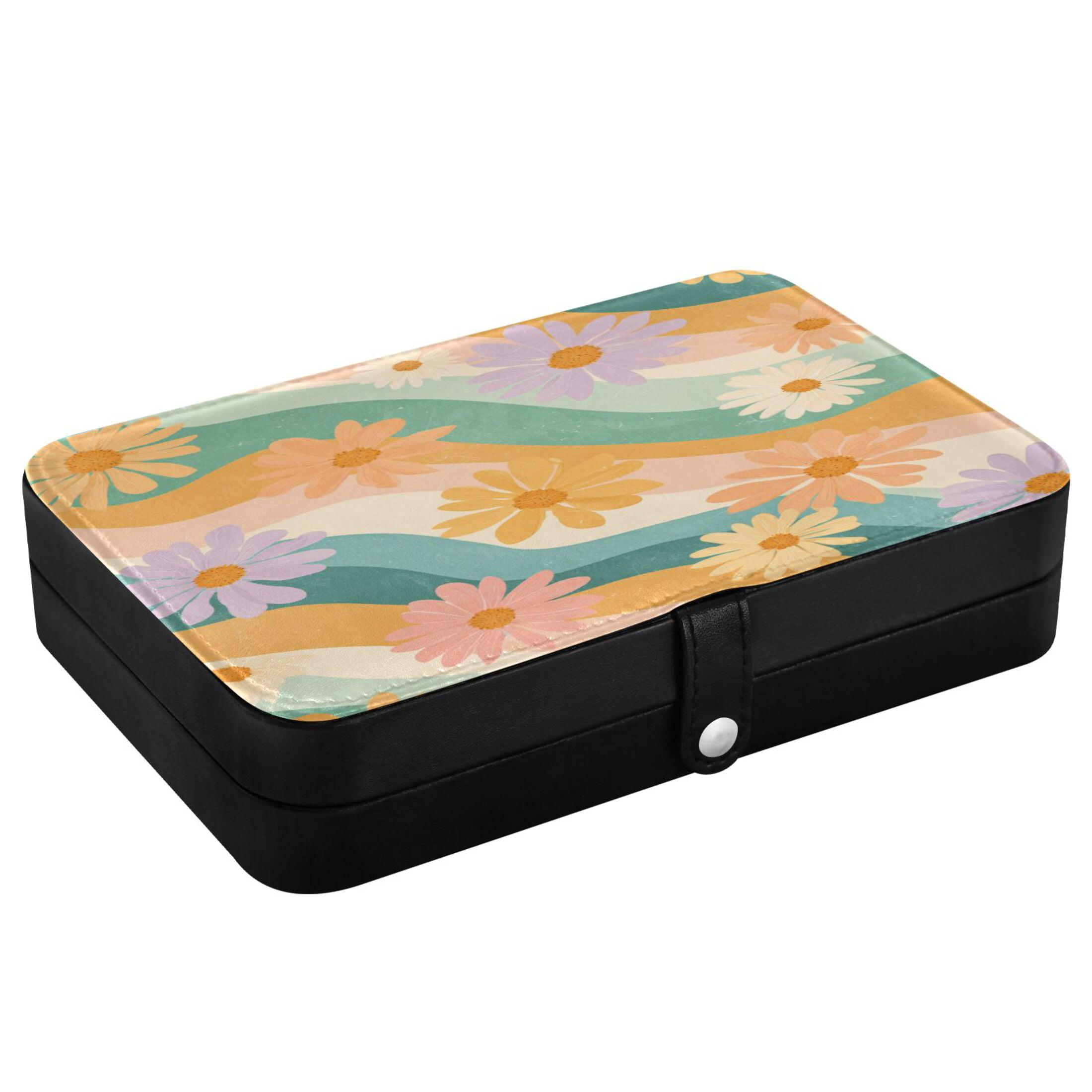 Leather Jewelry Box Travel Jewelry Storage Earrings Necklace Bracelet Watch Brooch Storage Colorful Chrysanthemums Seamless