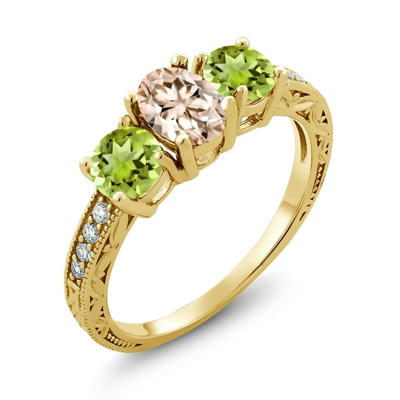 Gem Stone King 1.87 Cttw Oval Peach Morganite Green Peridot and Moissanite Ring for Women | 18K Yellow Gold Plated Silver | Wedding Engagement Anniversary Promise Ring for Women | Size 7