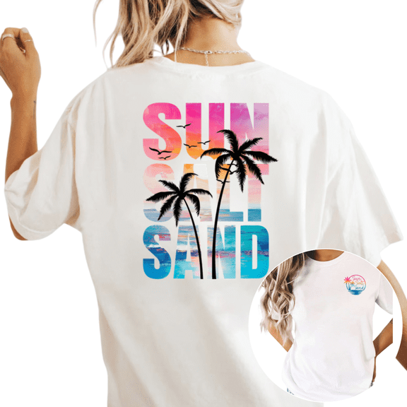Women's "Sun Salt Sand" Palm Tree Beach Graphic T Shirt Tropical Summer Vacation Print Casual Short Sleeve Round Neck Top White S-5XL