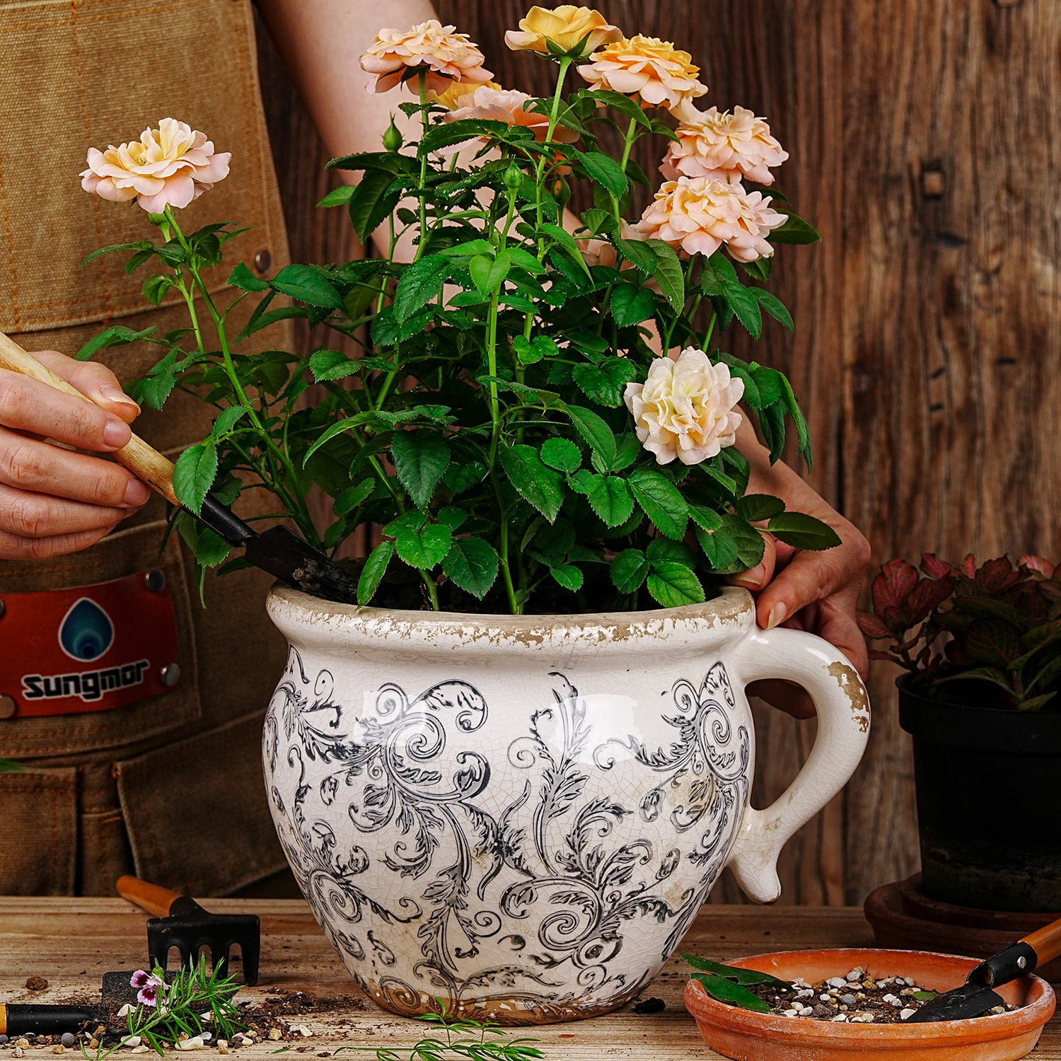 Sungmor Set of 2 Vintage Ceramic Planters with Handle - Rustic Crackle Glaze Flower Pots with Scroll Design, Drainage Hole Indoor Outdoor Decorative Plant Containers, Tuscan Decor Pots