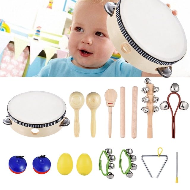 Juego de 10 Instrumentos Musicales de Percusión para Niños: Tamborín, Claves, Maracas, Campana, Triángulo, Cascabeles, Castañuelas, Campana de Muñeca y Más. Ideal para Estimular la Creatividad
