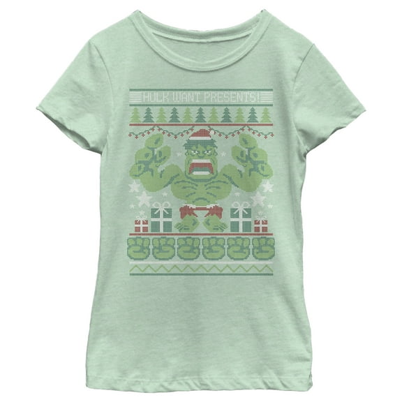 Girl's Marvel Ugly Christmas Hulk Want Presents Graphic Tee Mint Medium