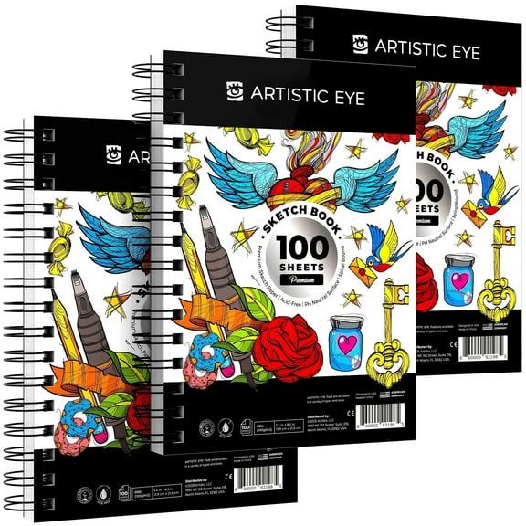 Artisto 5.5x8.5" Premium Sketch Book Set, Spiral Bound, Pack of 3, 300 Sheets (125g/m2)