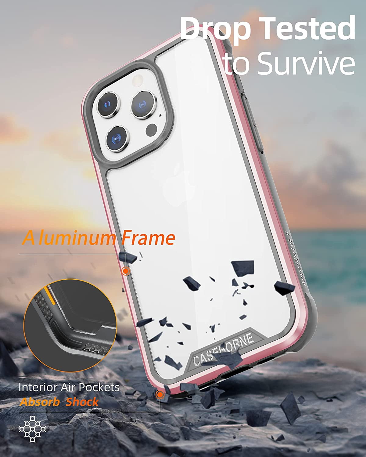 CaseBorne R Series Case for [iPhone 13 Pro Max] Aluminum Frame Clear Backplate - Pink