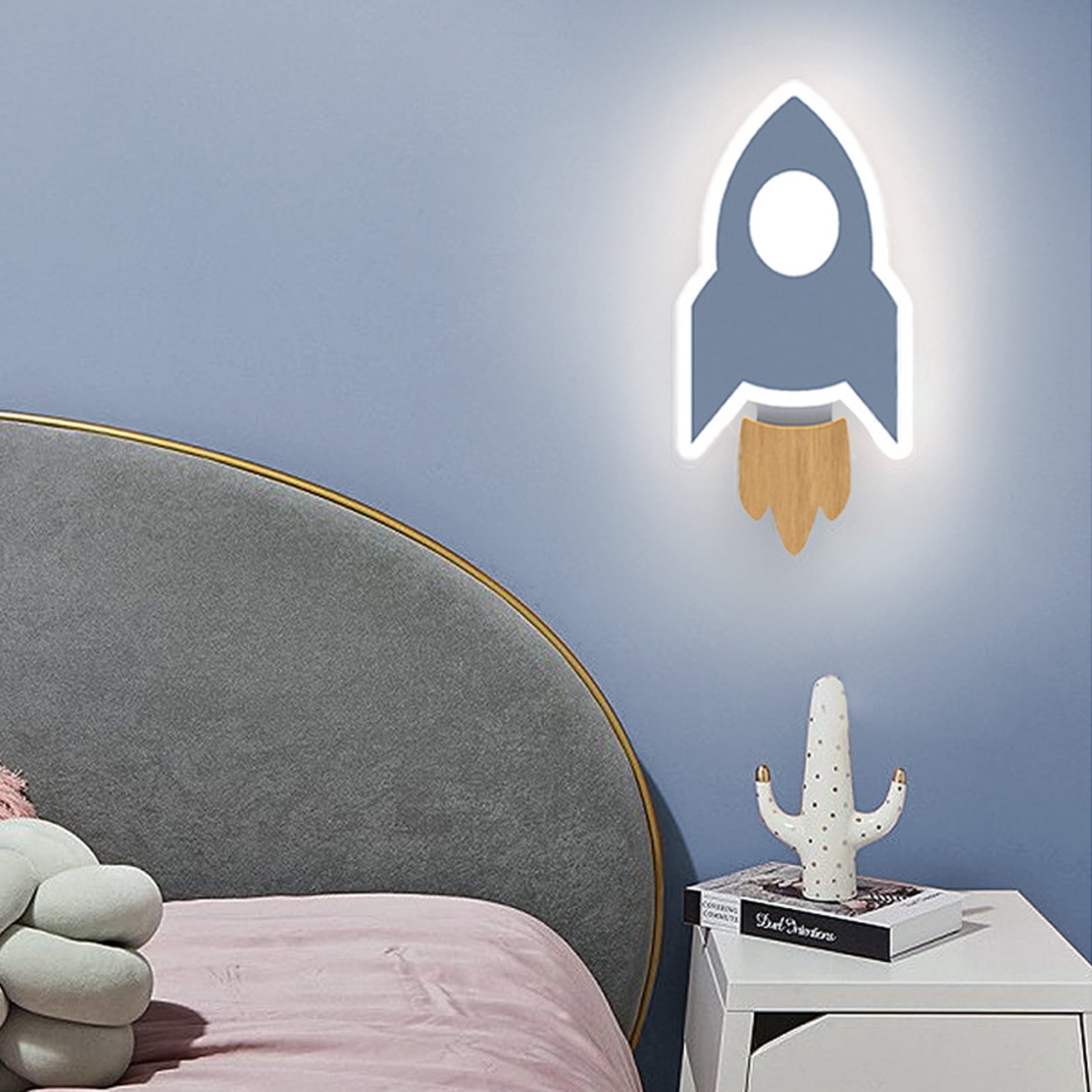 Rocket LED Wall Sconce, Blue with Natural Wood Accent, 3-Color Dimmable, Iron + Acrylic + Wood, Ideal for Children's Room Bedroom