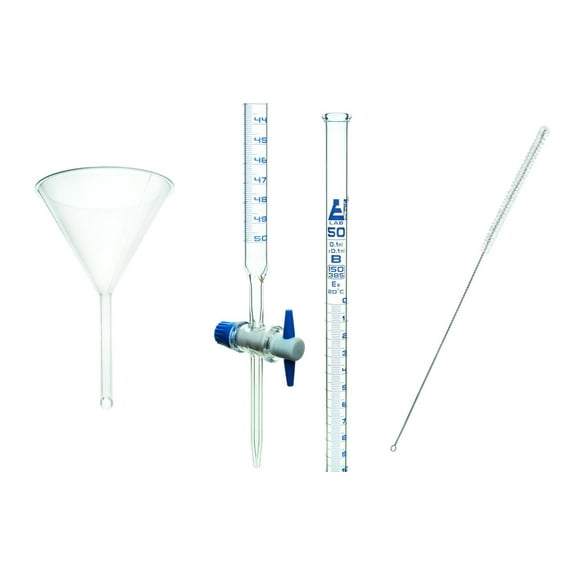 3pc Lab Burette Starter Set - Includes 50mL Glass Burette with PTFE Stopcock, Plastic Funnel, & Burette Brush - Eisco Labs
