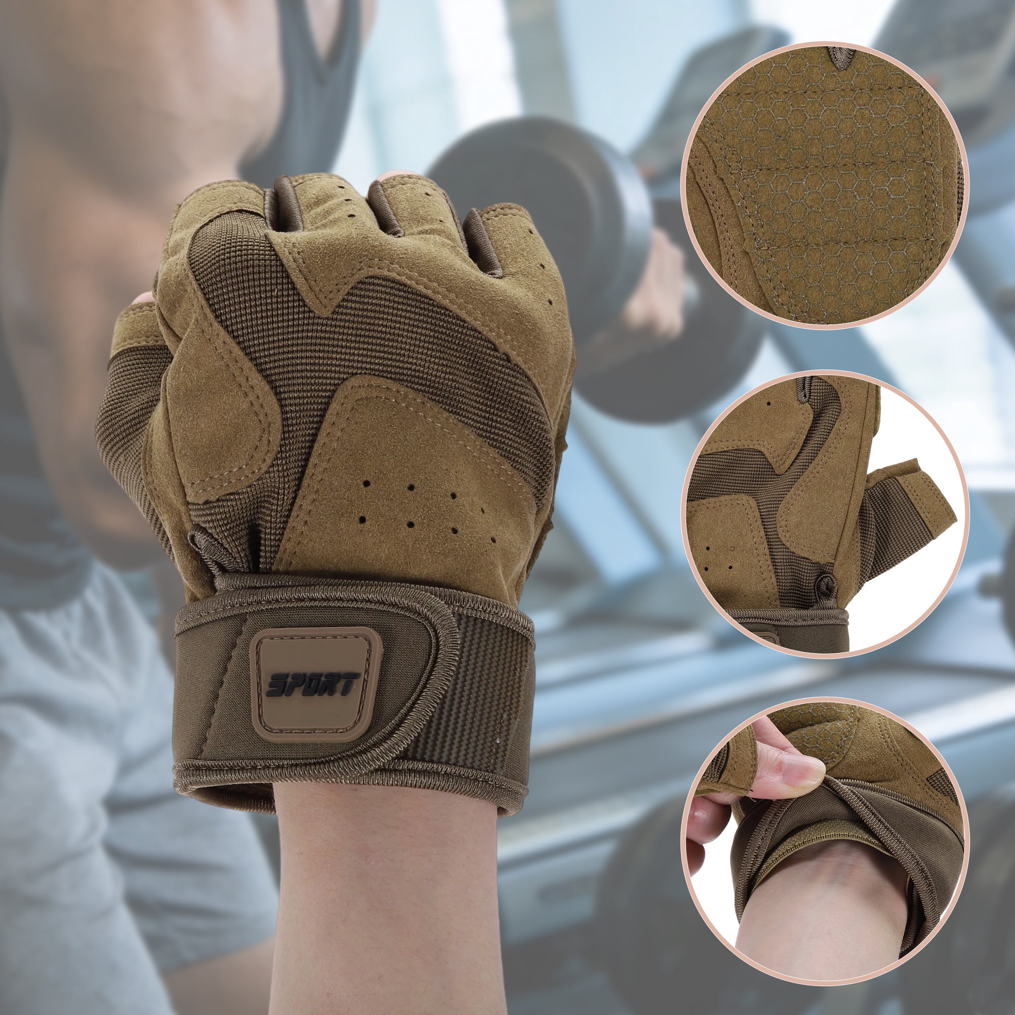 Unique Bargains Extended Wristband Half-finger Training Sport Gloves Large Light Brown