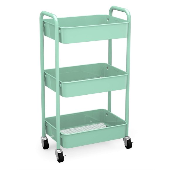 CAXXA 3-Tier Rolling Metal Storage Organizer - Mobile Utility Cart, Kitchen Cart with Caster Wheels (Aqua) Aqua