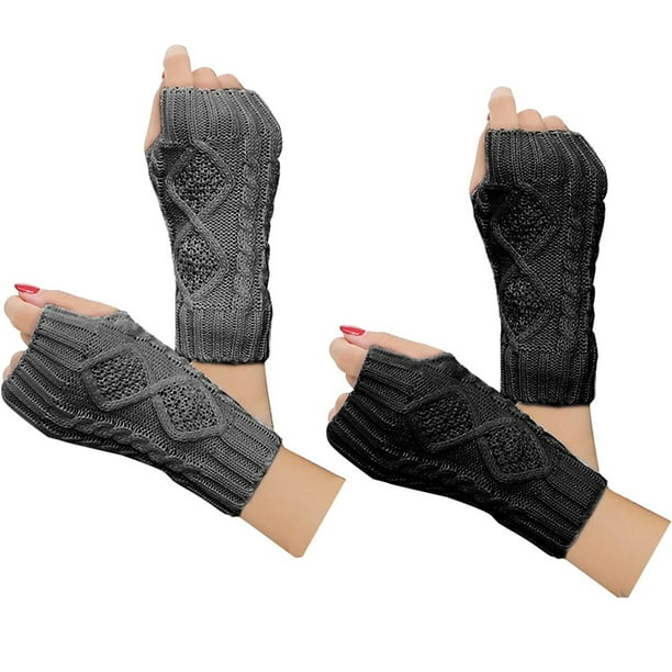 2 pares de guantes de invierno cálidos de punto sin dedos para mujer, calentadores de brazos con orificios para los pulgares y tejidos a mano