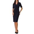 thumbnail image 2 of Vestido ajustado de mujer Inspire Chic con escote en V, mangas cortas, vestido midi bodycon para el trabajo, azul oscuro, talla XL, 2 of 6