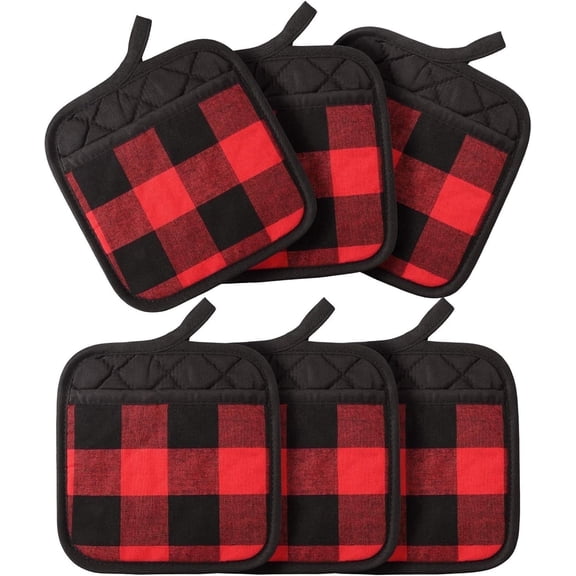 HEETLY Buffalo Plaid Pot Holders with Pocket, 6-Piece, Heat Resistant Hot Pads for Kitchen Cooking & Baking, Red & Black
