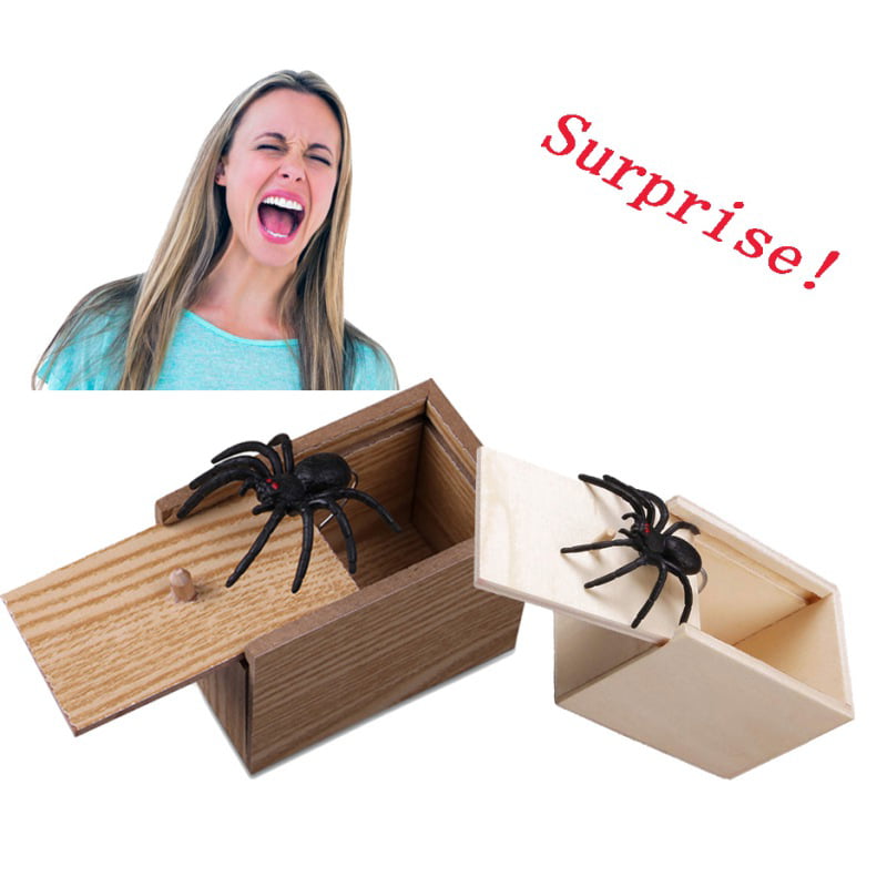 Parnixs Rubber Spider Prank Box，Handcrafted Wooden Surprise Box Prank Spider 