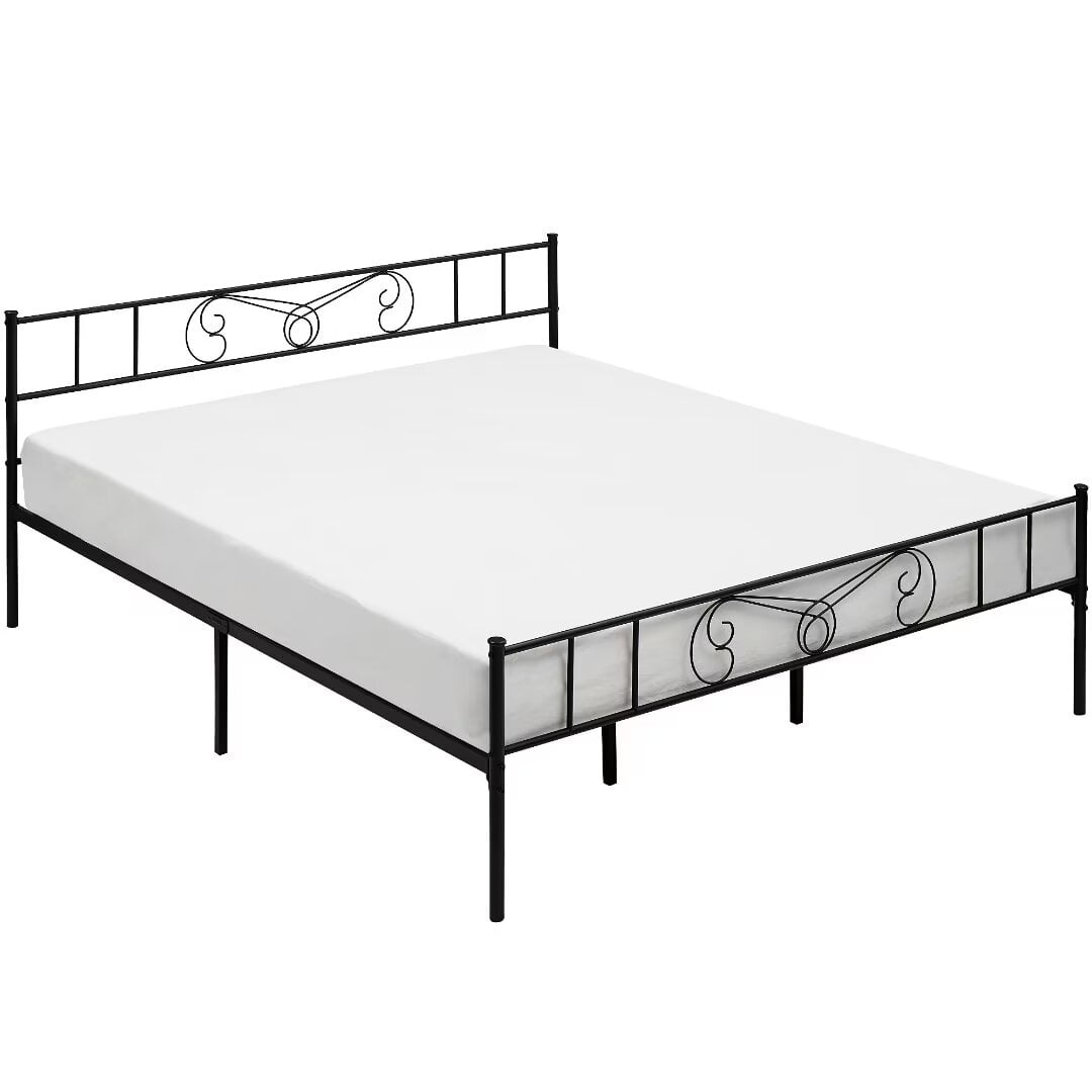 King Size Bed Frame with Vintage Pattern Headboard and Footboard, Metal Platform Bed Frame with Storage, Mattress Foundation, Easy Assembly, Black