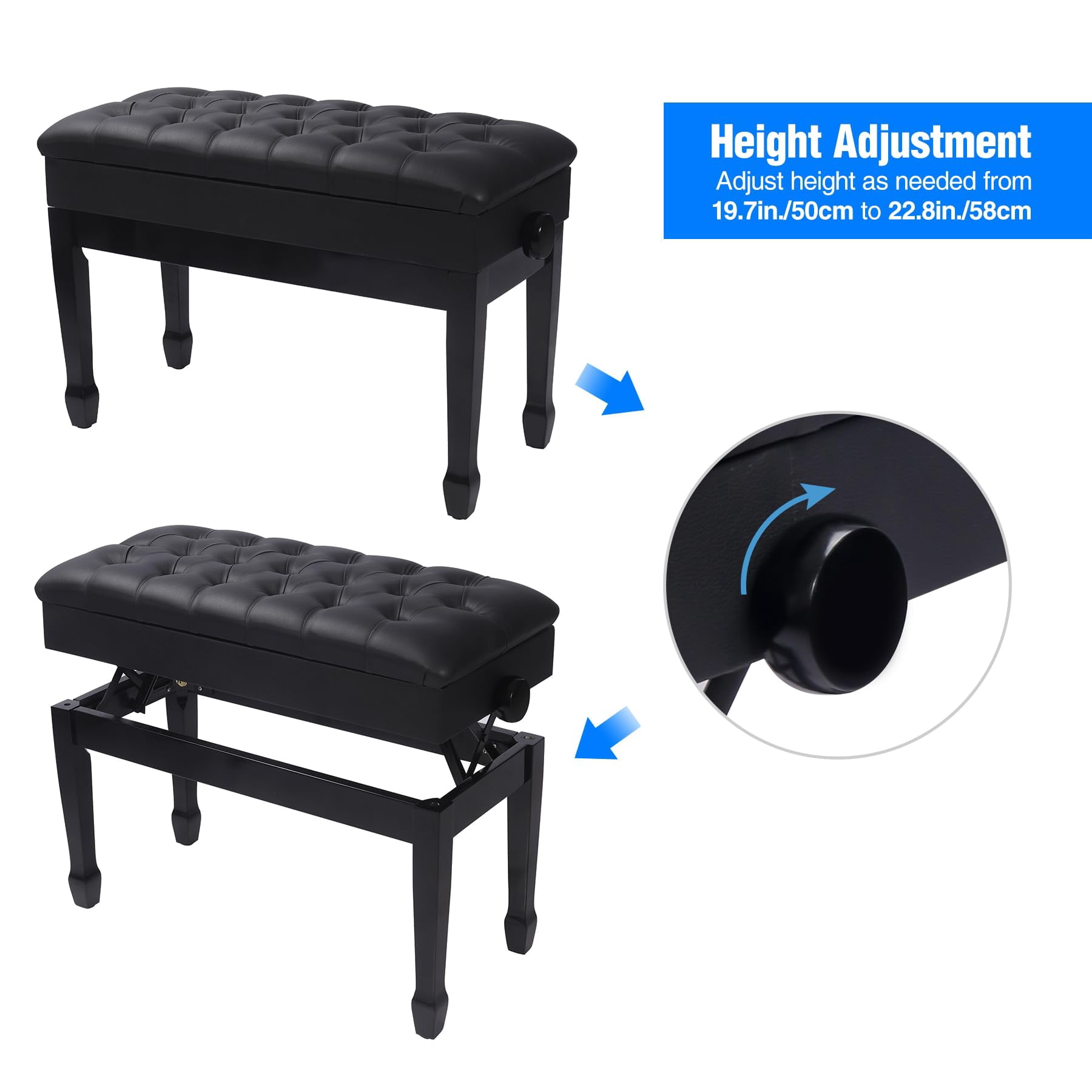 Adjustable Duet Piano Bench With Storage Heavy Duty Wooden Double Keyboard Seat Pu Leather Cushion Black
