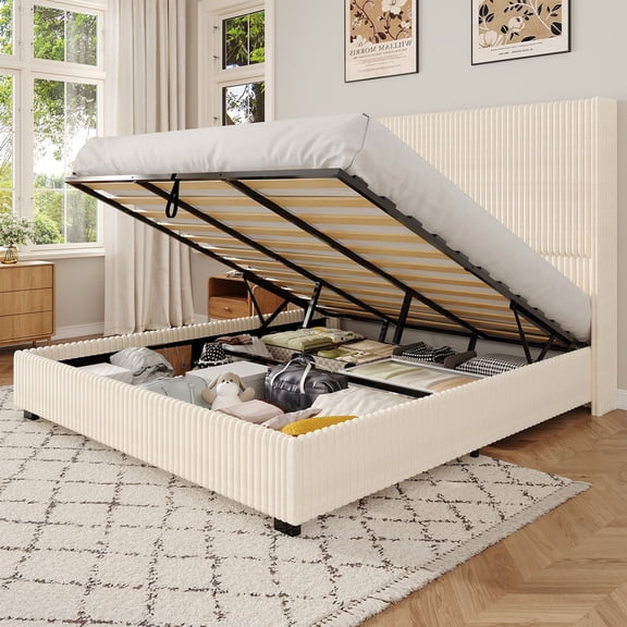 King Size Lift Up Storage Bed Frame with 51" Tall Headboard, Hydraulic Storage, 2 USB Ports, Corduroy Upholstered Wingback Headboard, No Box Spring Needed, Noise-Free Platform Bed in Beige