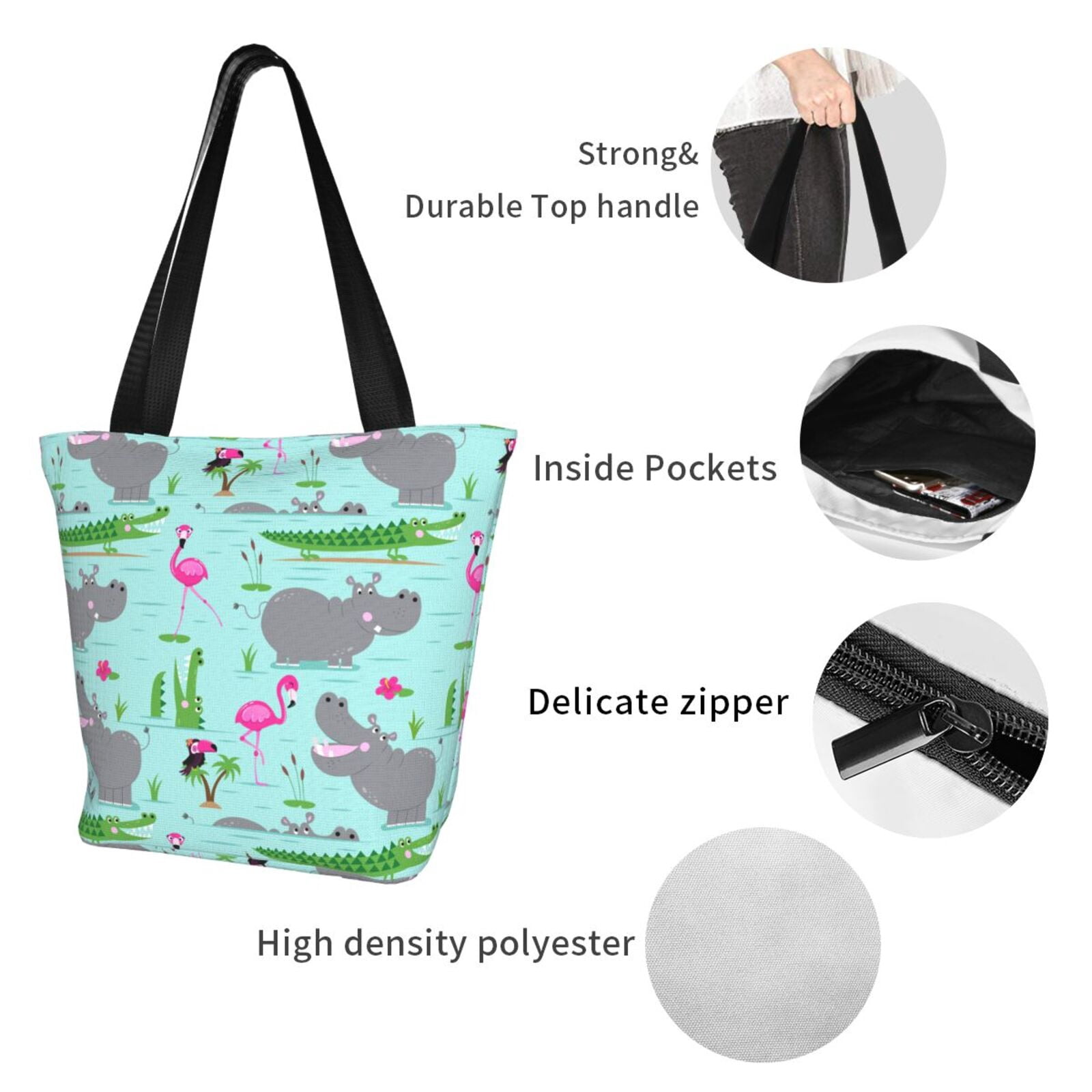Ratiio Hippo With Flamingos And Crocodiles Print Shoulder Bag for Women, Polyester Crossbody Purse Lightweight Handbag for Daily Travel and Casual Use