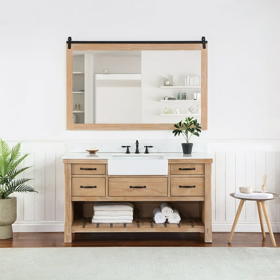 Villareal 60" Single Bath Vanity in Weathered Pine Wood & White Farmhouse Basin