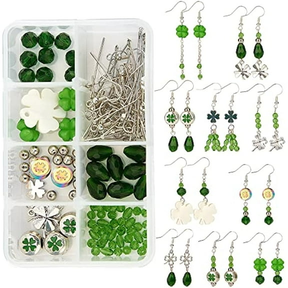 1 Box DIY 10 Pairs St Patrick's Day Earring Making Kit Green Theme Earrings Four-Leaf C Shamrock Peandant Charms Crystal Beads for Earring Jewelry Making Supplies