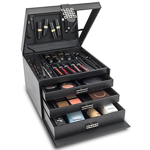 Glenor Co Makeup Organizer Extra Large Exquisite Case W Modern Closure 4 Drawer Trays Full - Mirror Vanity Makeup Storage Glenor Co Makeup Organizer Extra Large Exquisite Case W Modern Closure 4 Drawer Trays Full - Mirror Vanity Makeup Storage