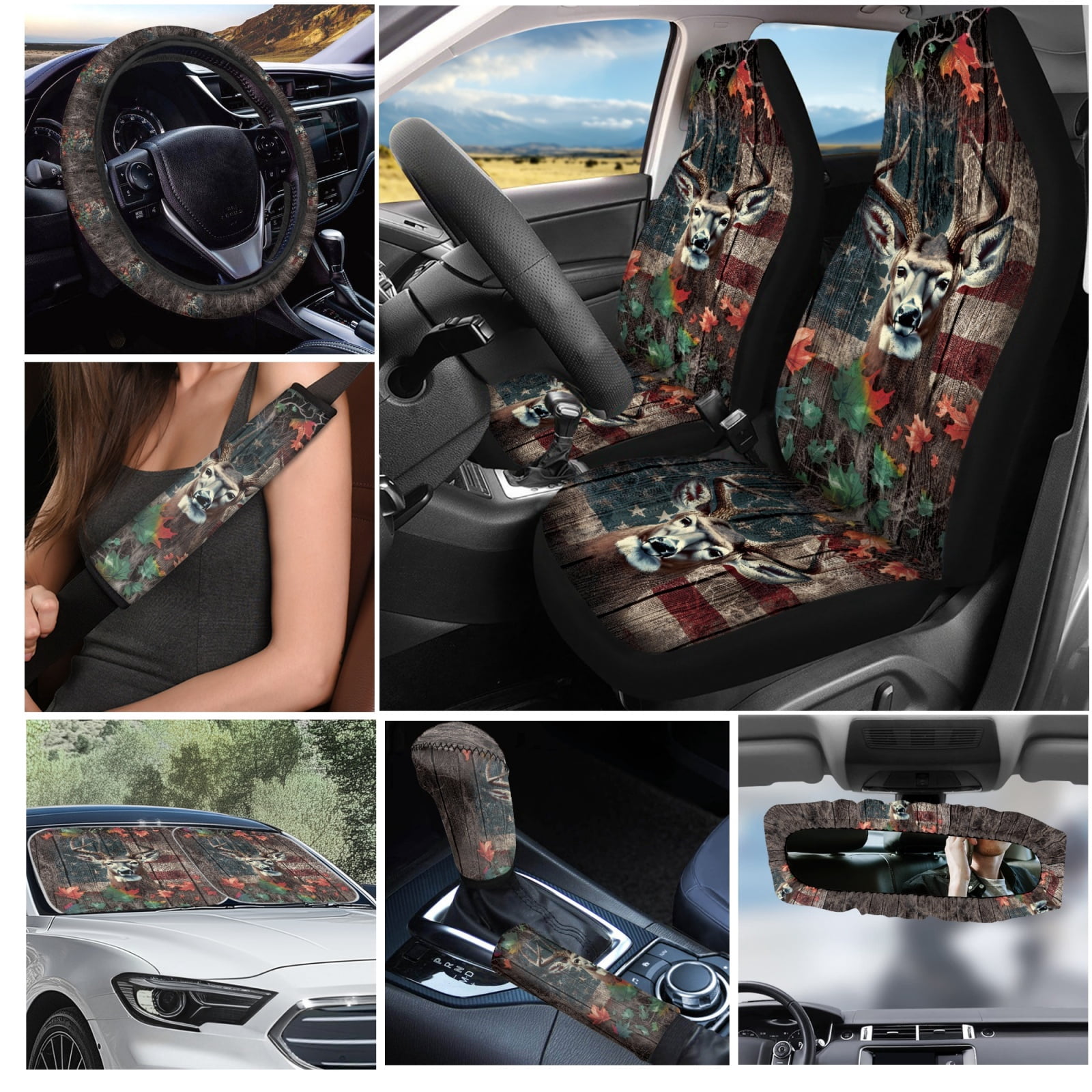 Yuyamidu 16 PCS Car Seat Covers Set Deer Car Sun Shade Camo Hunting Handbrake Cover Gear Shift Knob Cover Steering Wheel Cover Seat Belt Pads Rear View Mirror Cover Coasters Key Chain