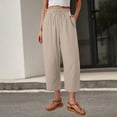 thumbnail image 2 of Women's Cotton Linen Casual Pants Summer Wide Leg Loose Ruffle High Waist Cropped Drawstring Palazzo Flowy Trousers with Pockets Khaki XL(XL), 2 of 6