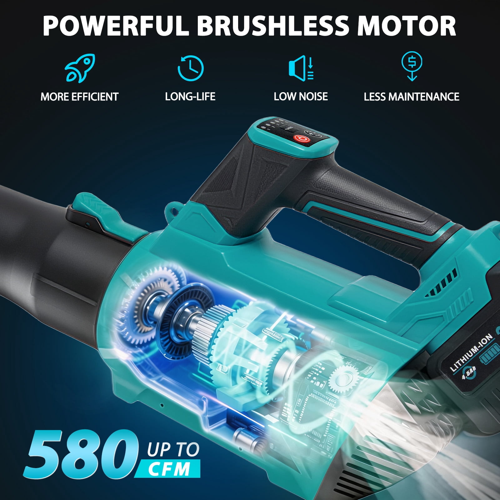 LZNIOZ 21V Cordless Leaf Blower, 580 CFM 200 MPH with 2 Batteries, 6-Speed Handheld Blower, Blue