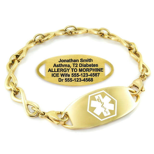 MedicEngraved Yellow Gold Stainless Steel Custom Medical Alert Bracelet - 6mm Infinity Link