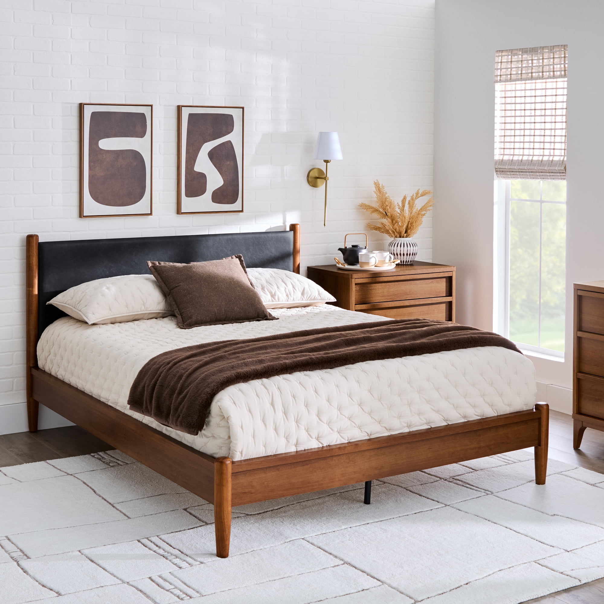 Better Homes & Gardens Greyson Queen Platform Bed, Black Faux Leather and Acorn Finish