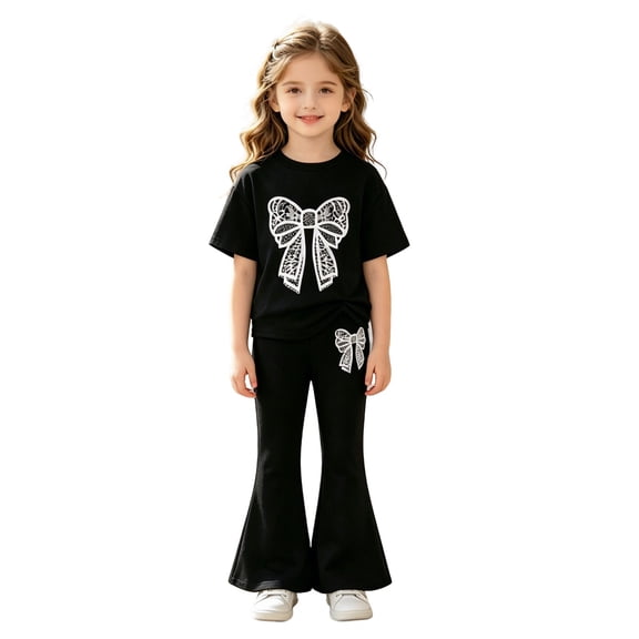 Tiijoy Toddler Girls Outfits Casual Bow Short Sleeve T-Shirt Flare Pants Set, Sizes 2-3