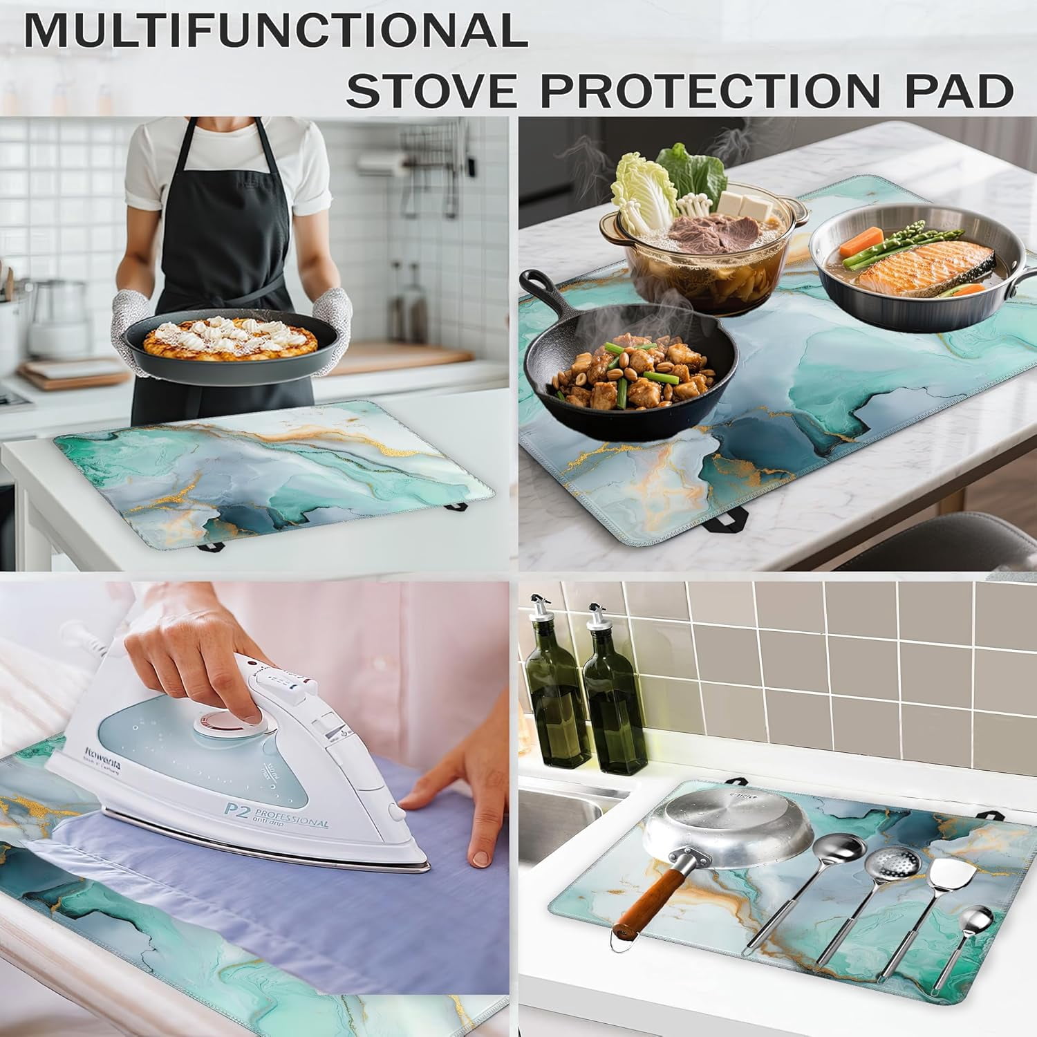 Electric Stove Top Cover,Green Gold Marble Stove Cover for Glass Top Electric Stove,ModernAbstract Heat Resistant Flat Top Stove Mat Countertop Protector, 28 x 20 Inch